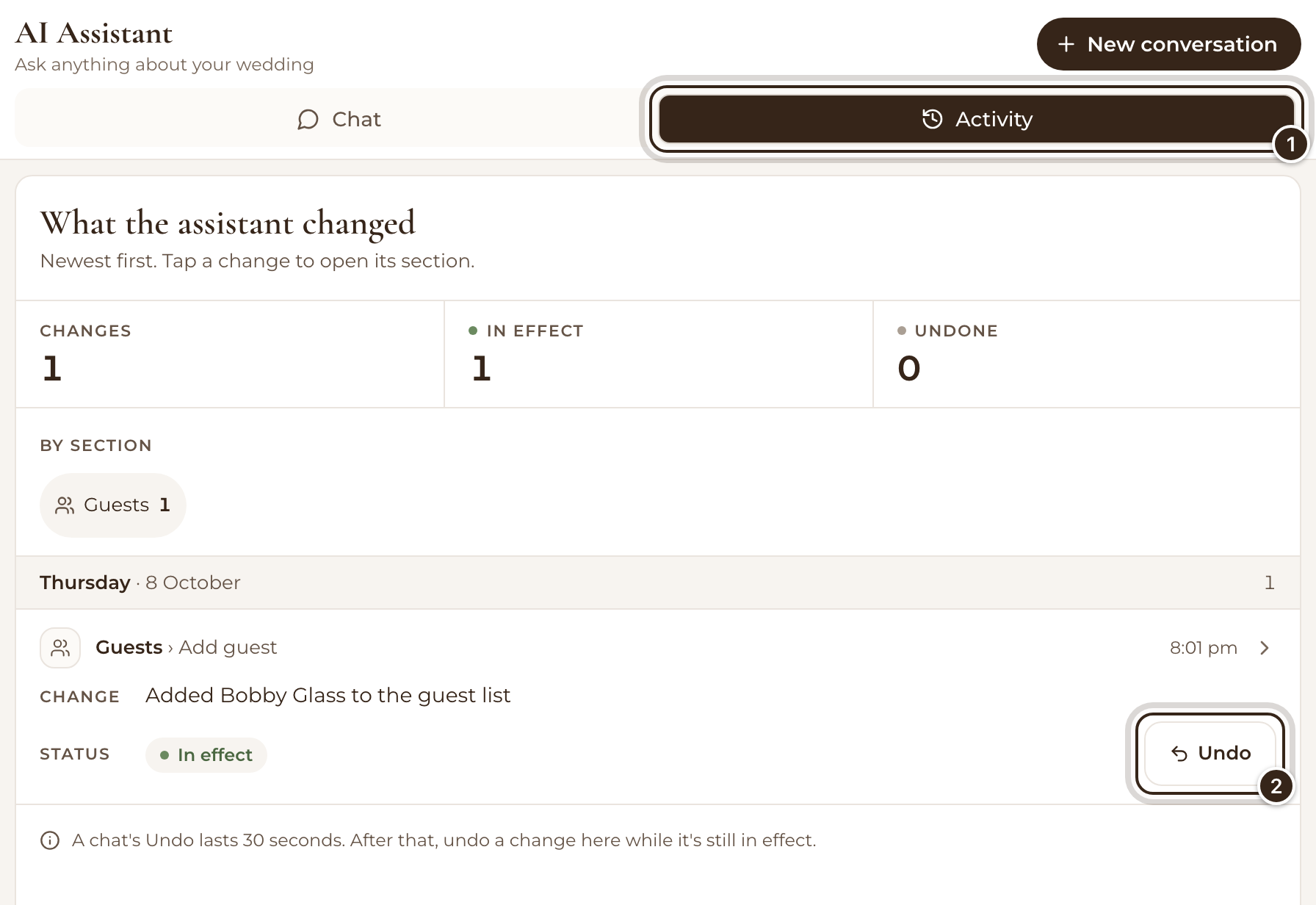 The Activity tab with a change in effect, and Activity and Undo marked