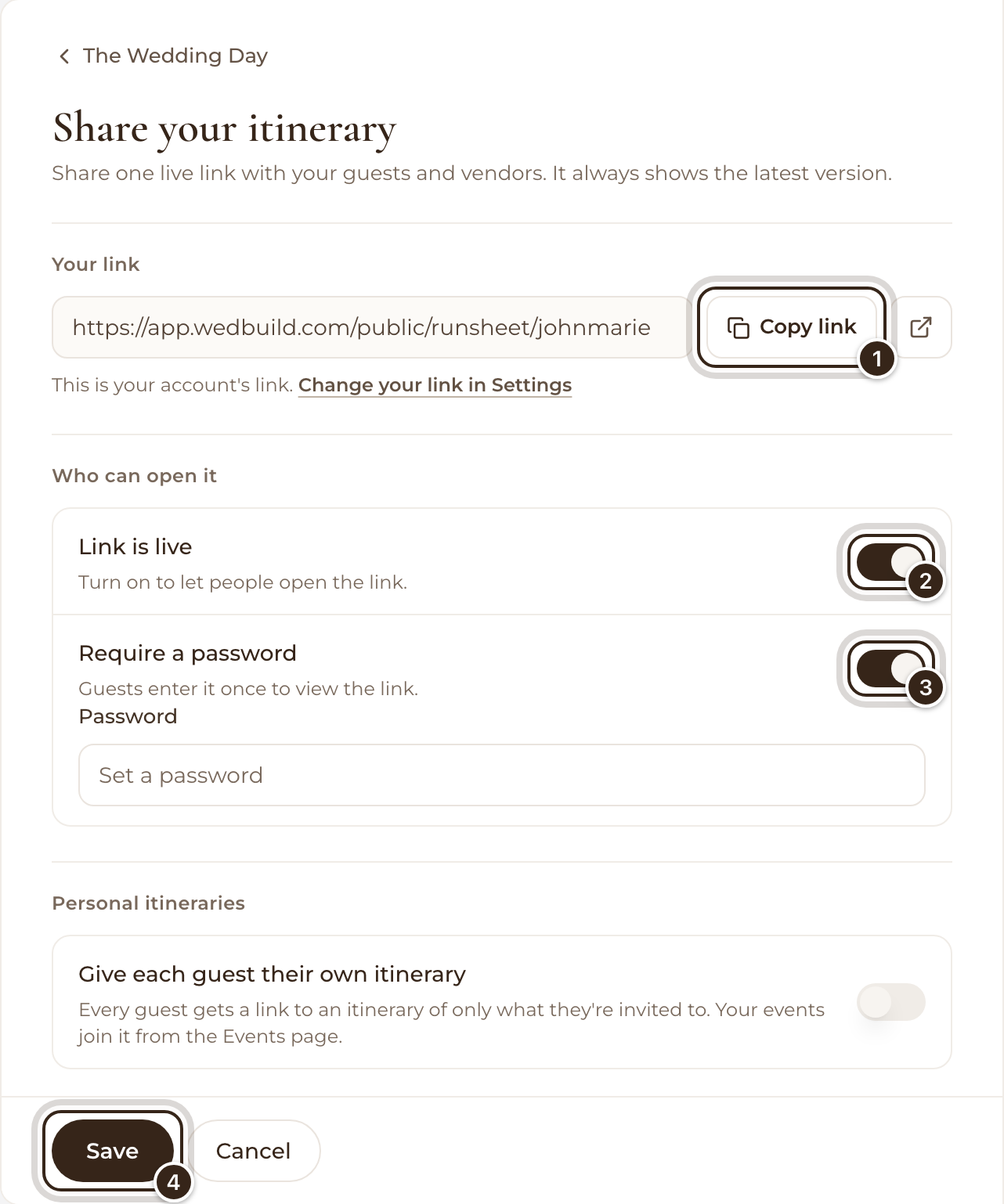 The Share your itinerary settings with Copy link, Link is live, Require a password and Save marked