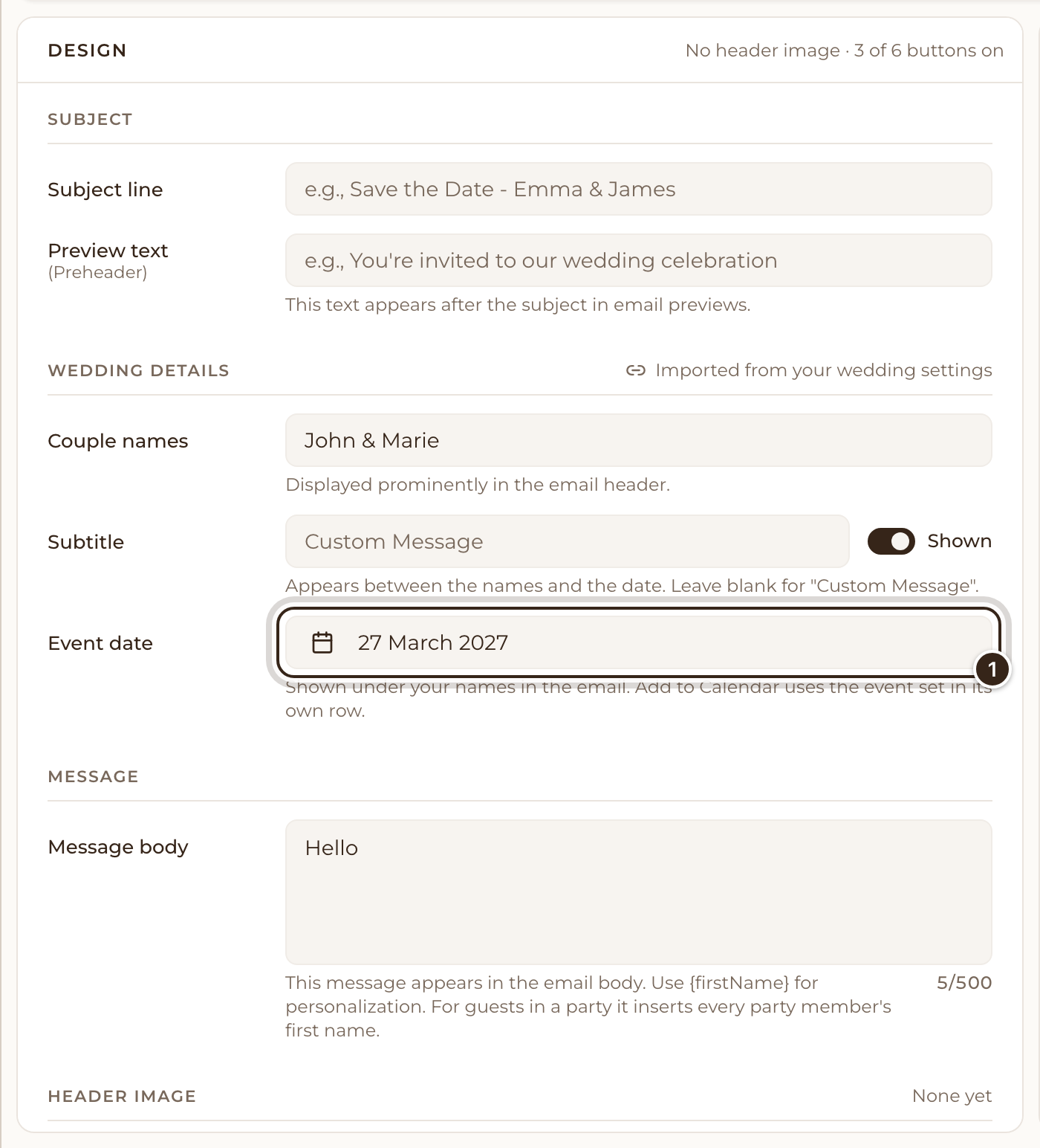An email's Design tab with the Event date field marked