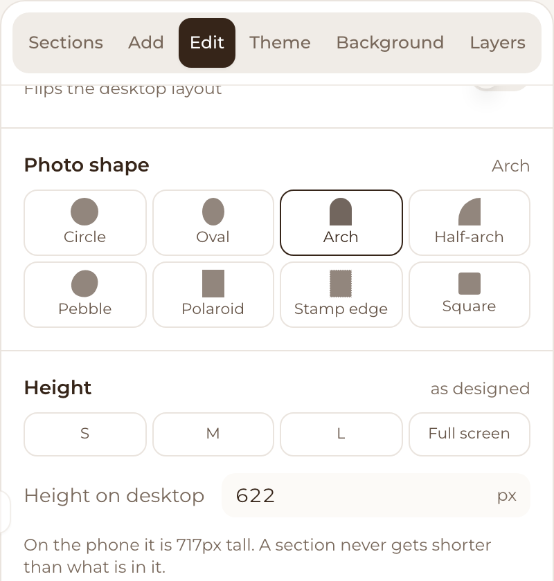 A section's settings with the Phone layout follows the desktop tick box marked