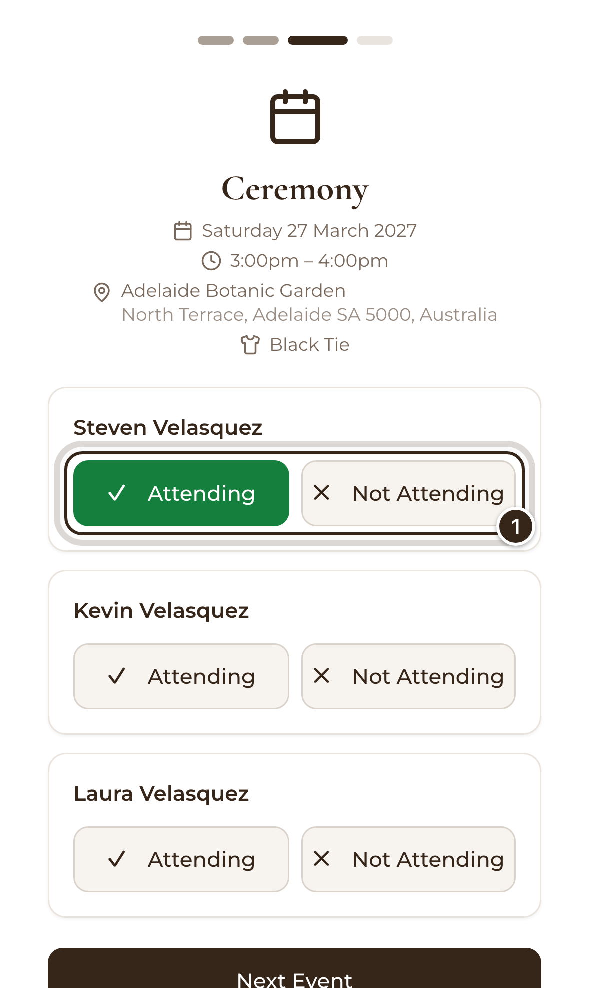 The Ceremony screen with Attending chosen for the first guest, and the Attending and Not Attending buttons marked