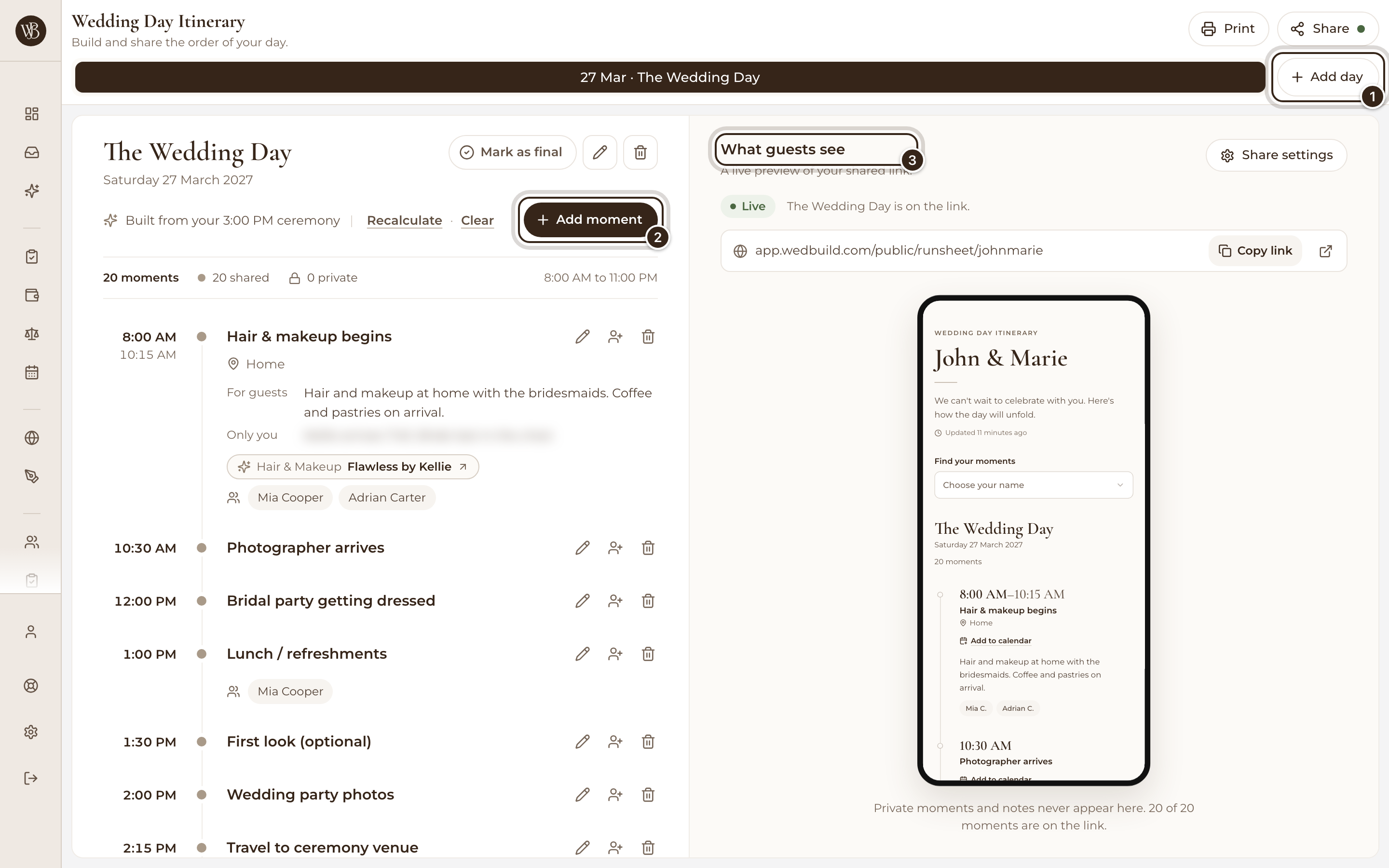 The Wedding Day Itinerary page with Add day, Add moment and the What guests see preview marked