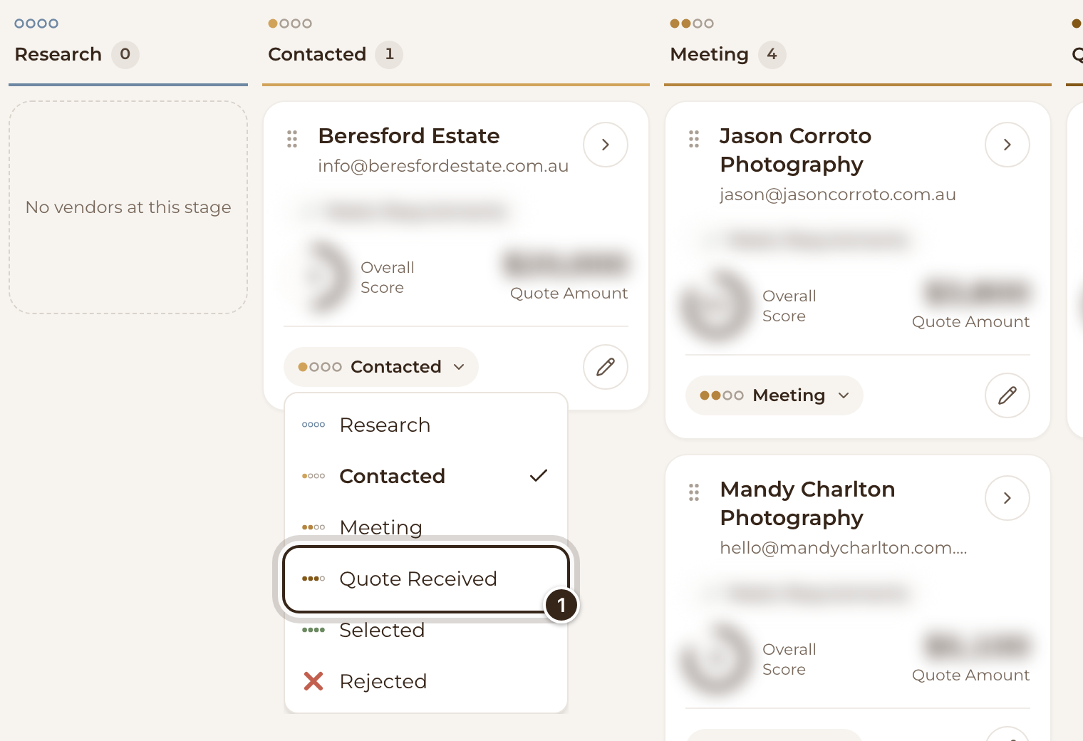 A category's board with a card's status menu open and Quote Received marked