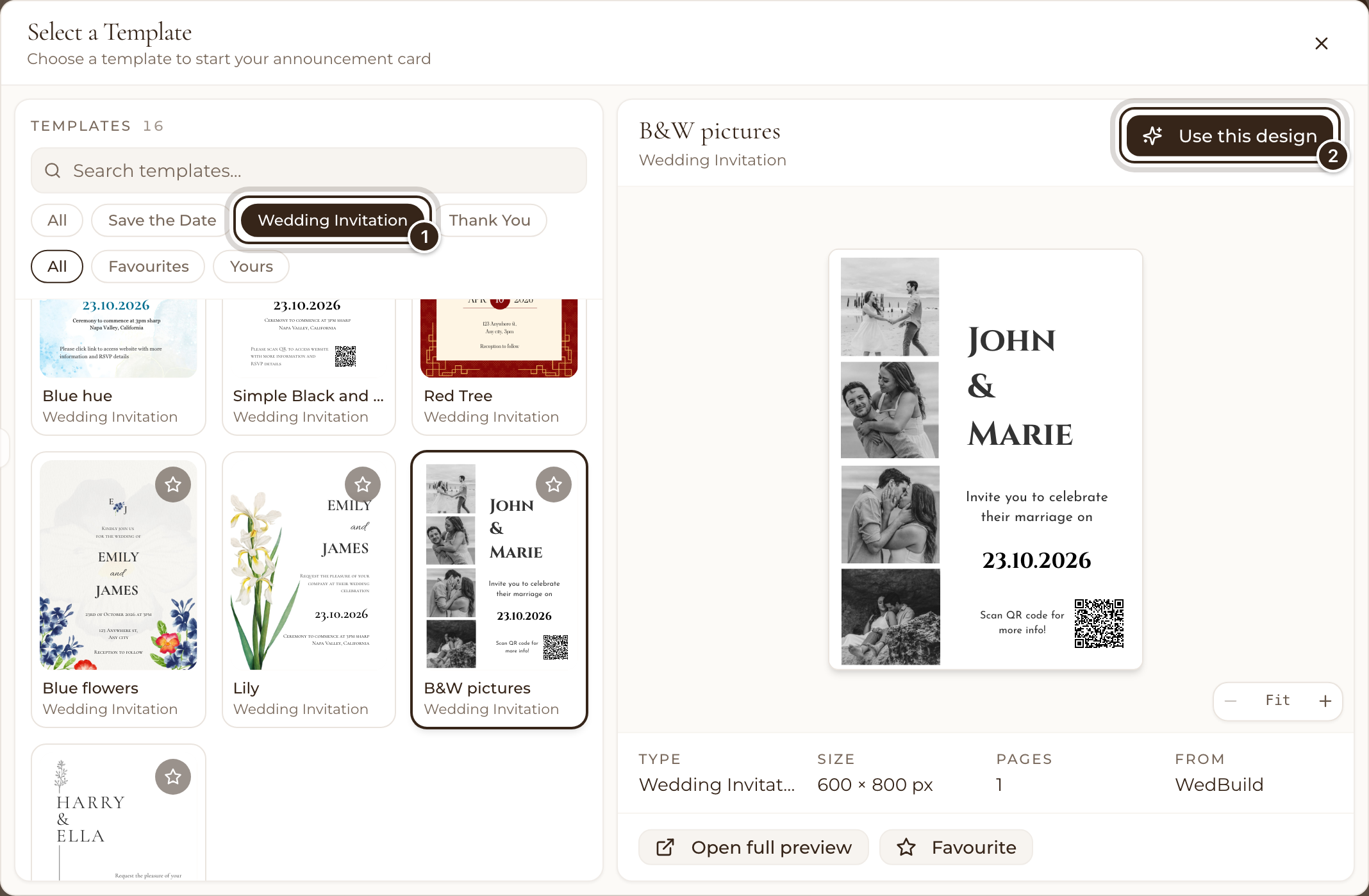 The template picker filtered to Wedding Invitation, with a design shown large and Use this design marked