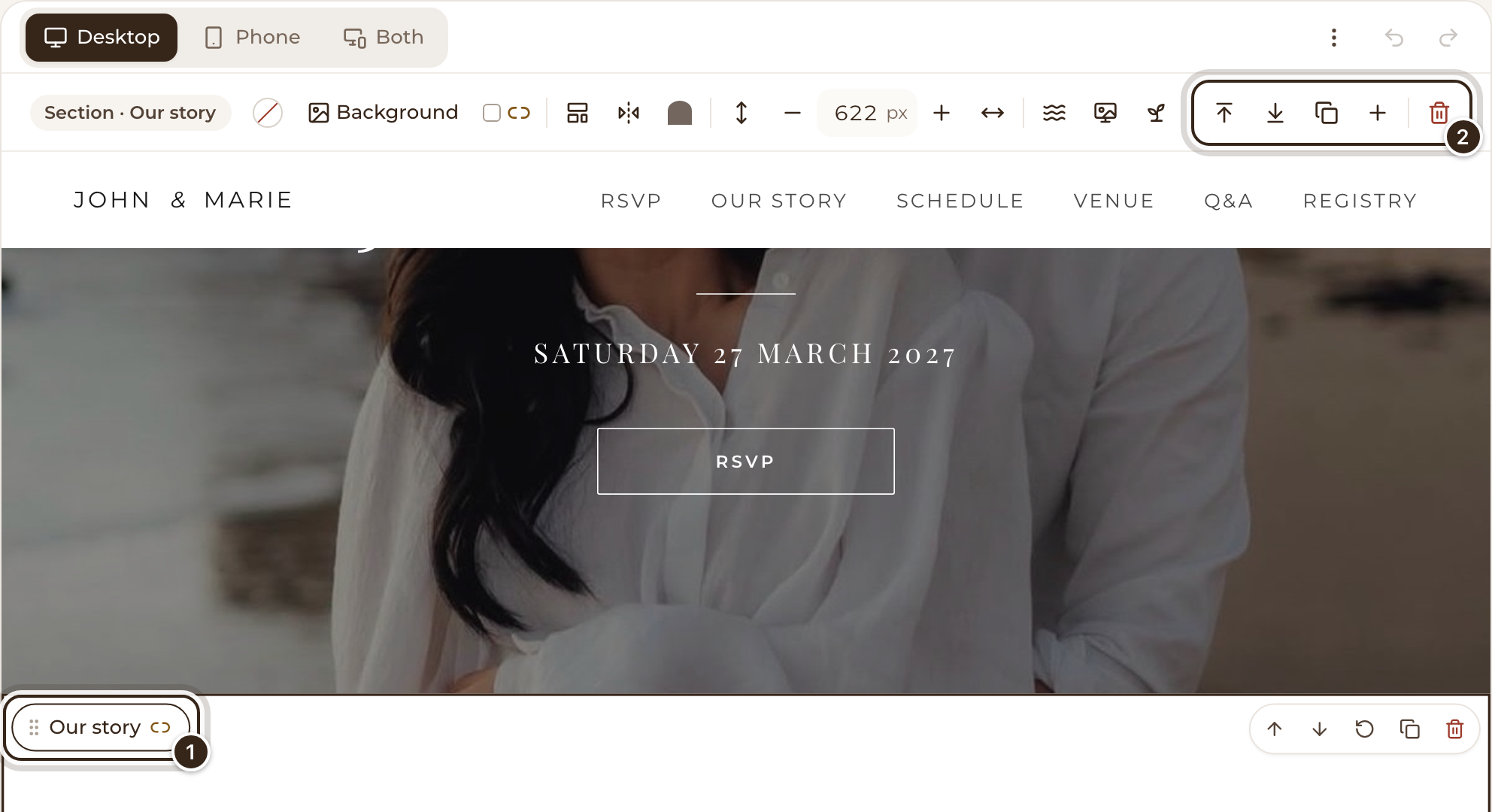 The Our story section selected by its name, with the section's actions marked in the bar above the page