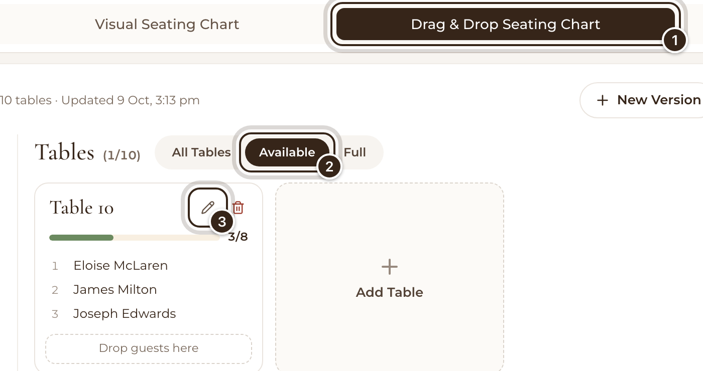 The Drag & Drop Seating Chart with the tab, the Available filter and a table's pencil marked