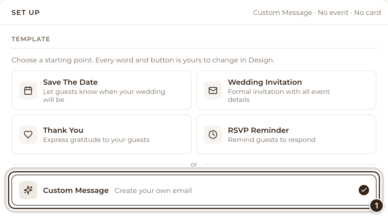The Set Up tab's templates, with Custom Message marked