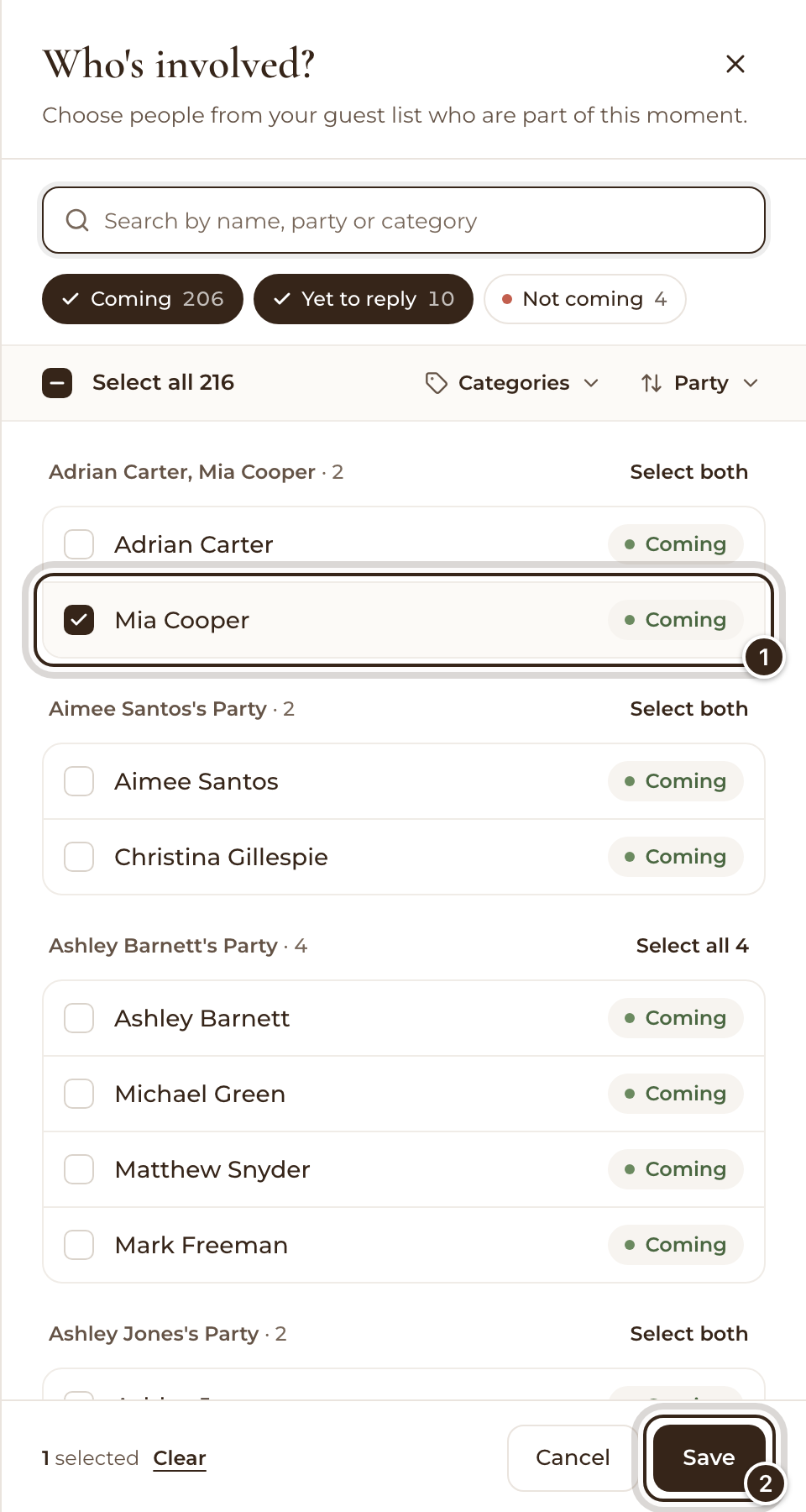 The Who's involved? panel with a guest ticked and the Save button marked