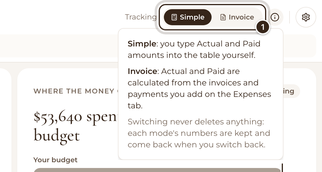 The Tracking switch with Simple chosen, and its note explaining Simple and Invoice open below it