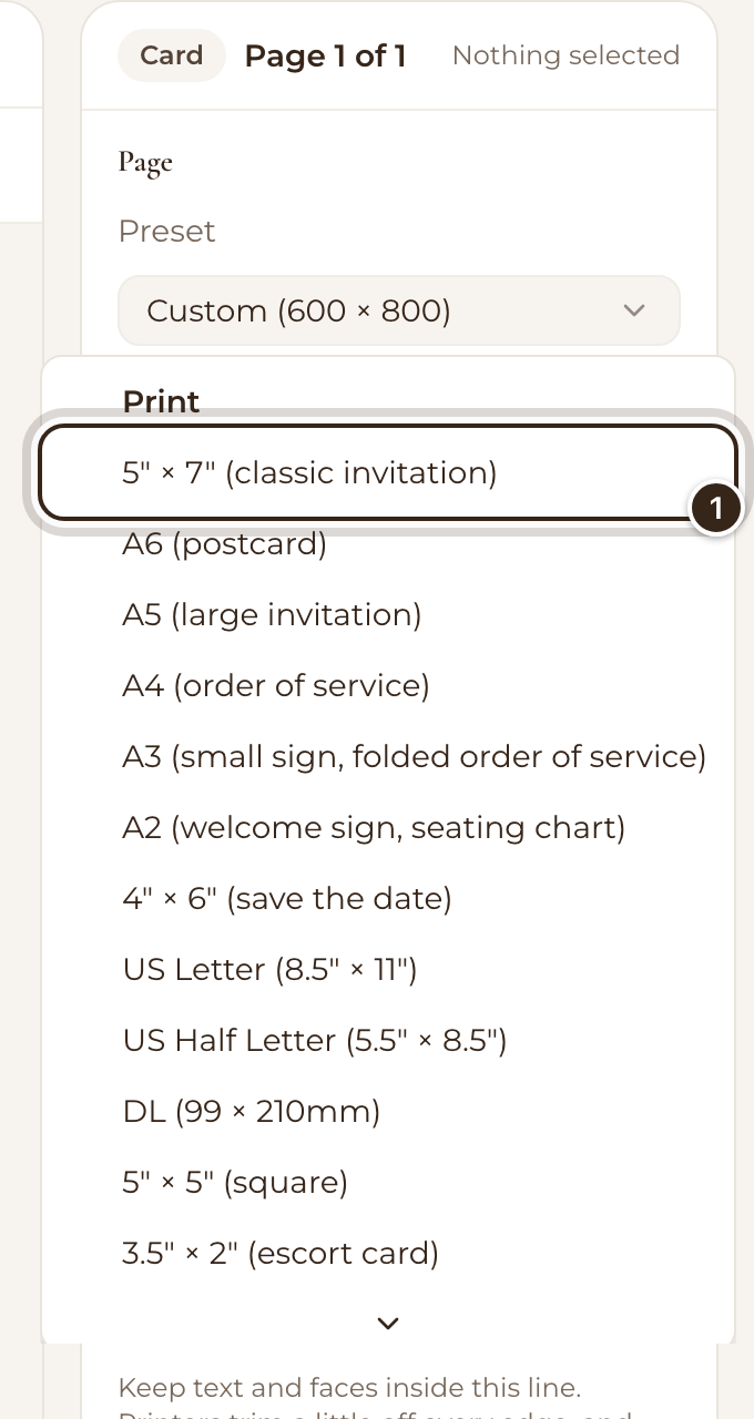 The Preset list open on the right, with the 5 by 7 inch classic invitation size marked