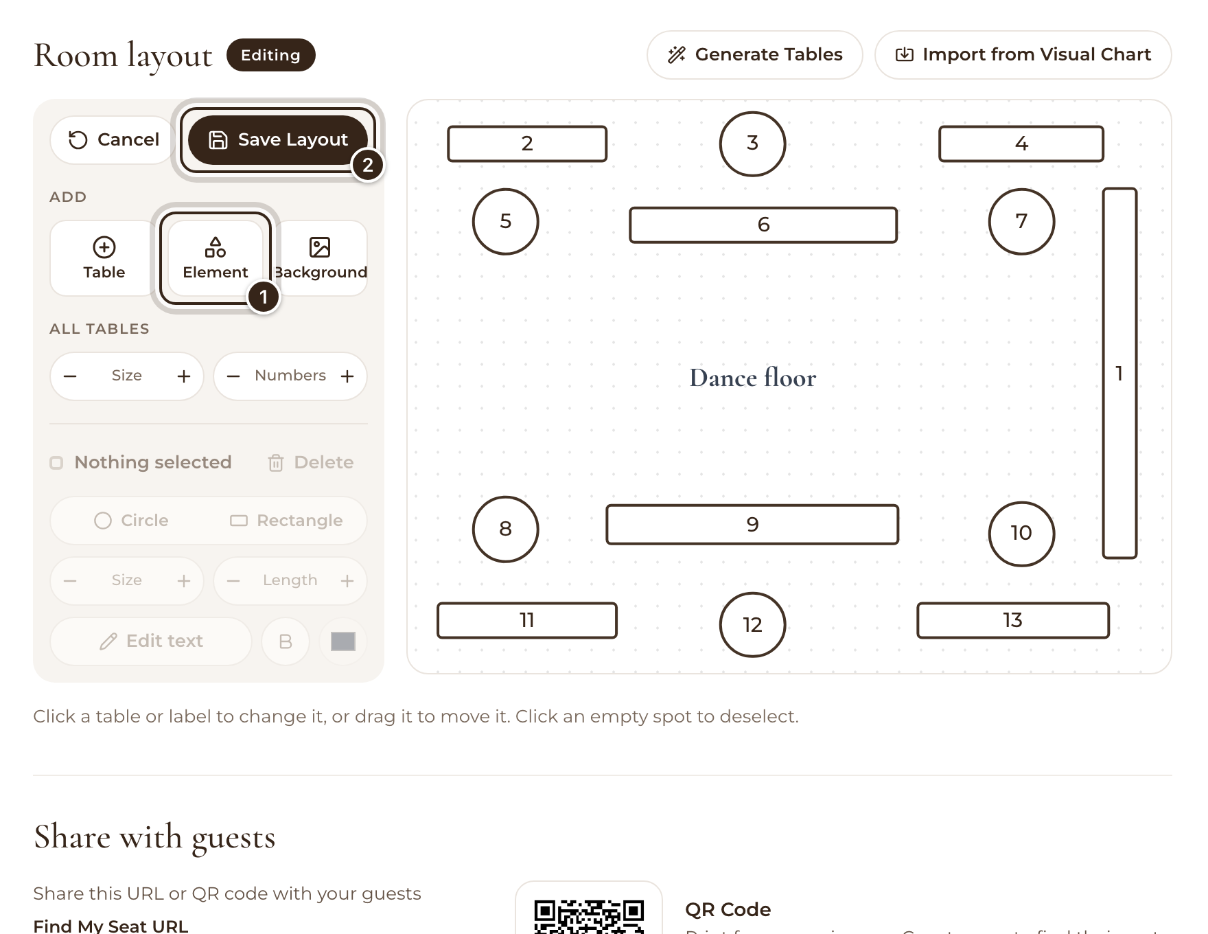 The Room layout while editing, with Element and Save Layout marked