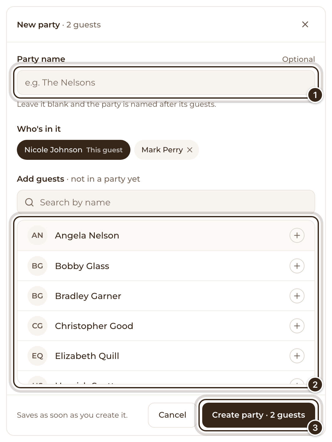 The new party form with Mark Perry picked, and the party name, the guest list and the Create party button marked