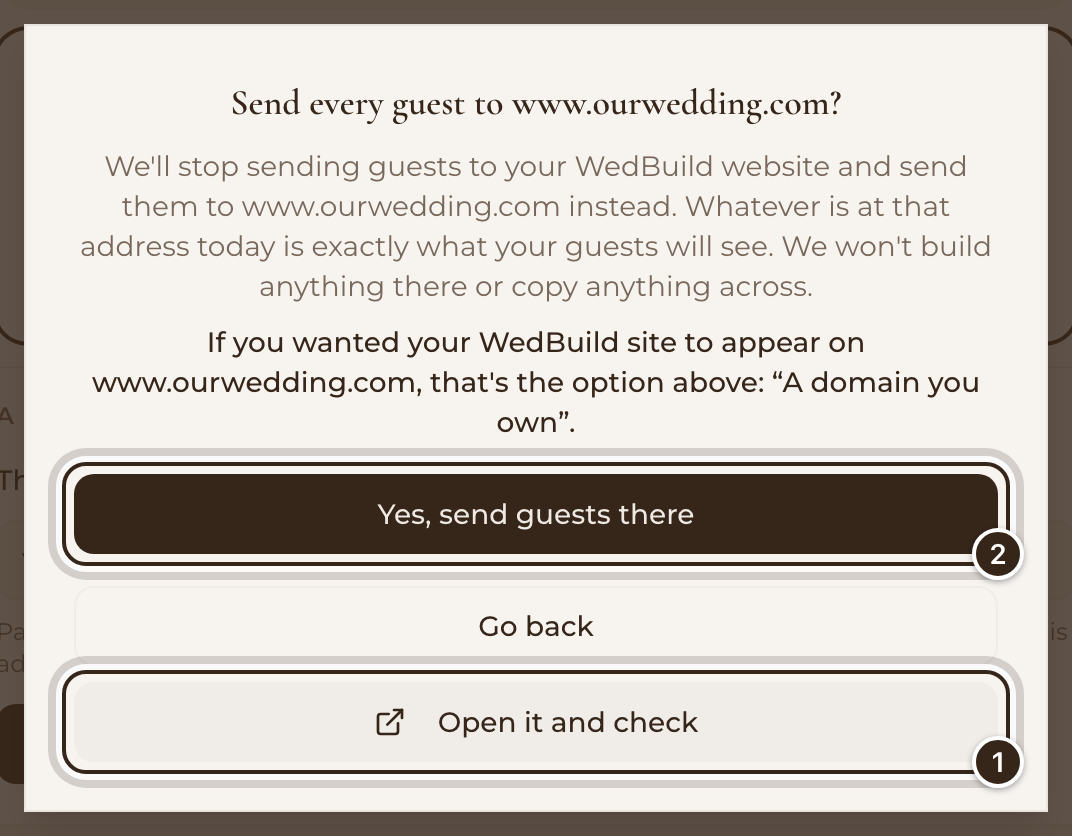 The Send every guest to www.ourwedding.com? window with Open it and check and Yes, send guests there marked