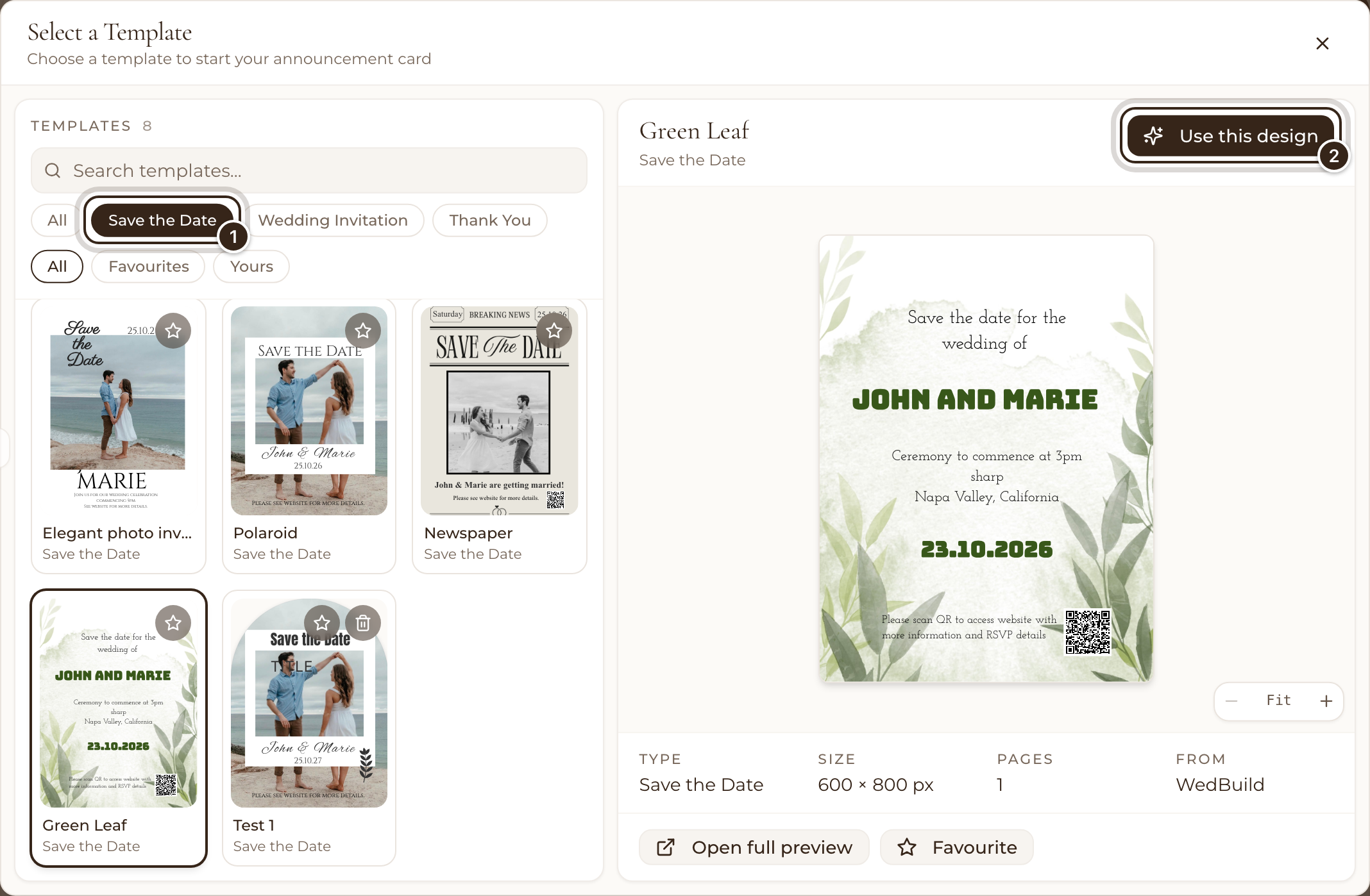 The template picker filtered to Save the Date, with a design shown large and Use this design marked