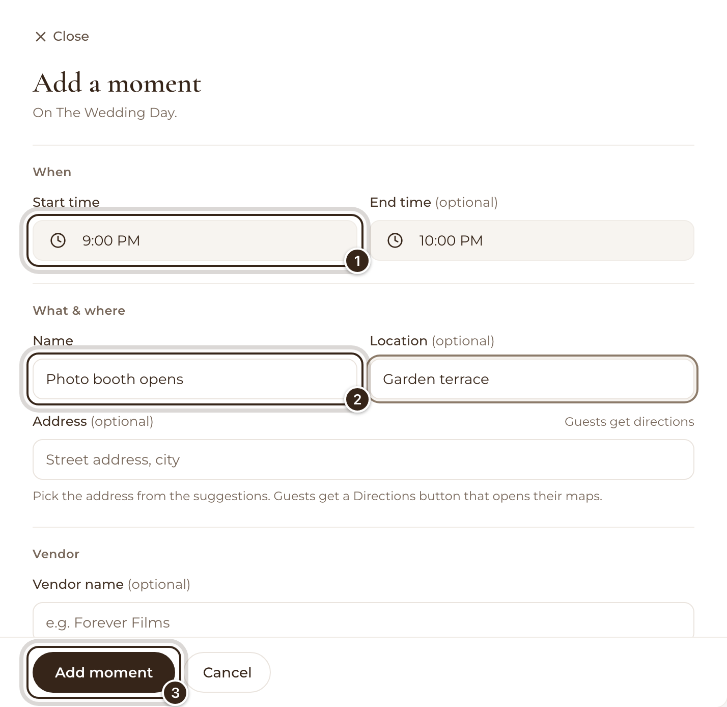The Add a moment form with a 9:00 PM start time, the name Photo booth opens and the Add moment button marked