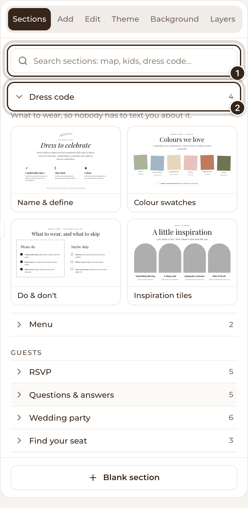 The Sections tab with the search box and the open Dress code designs marked