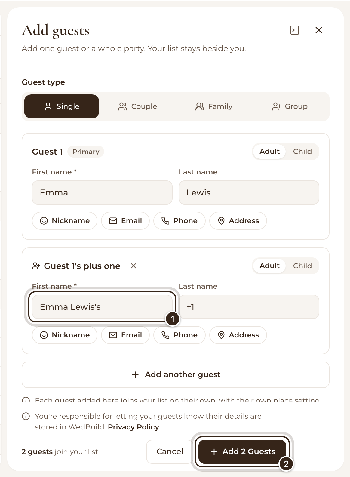 The Add guests panel with a plus one card under Emma Lewis, its name marked, and the Add 2 Guests button marked