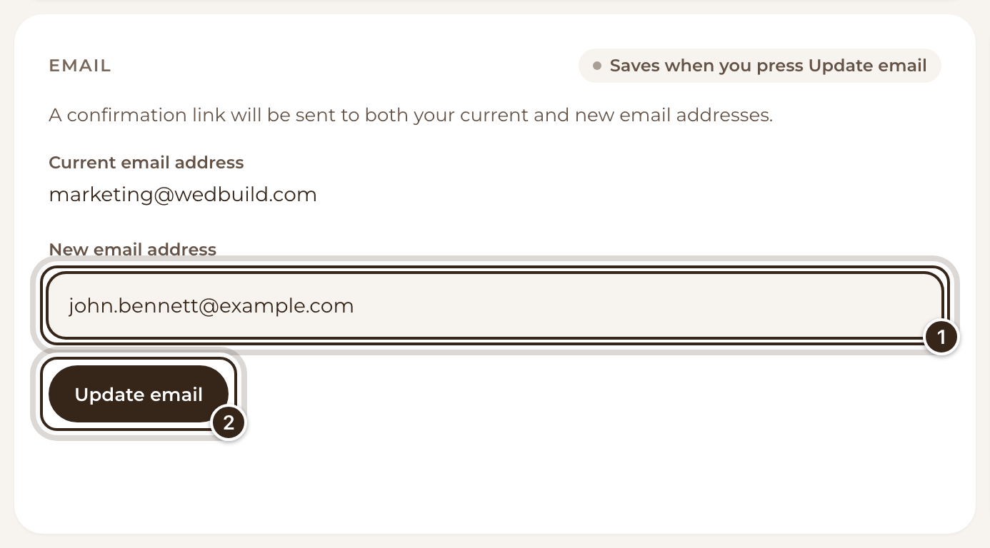 The Email tile with a new email address typed in, and Update email marked