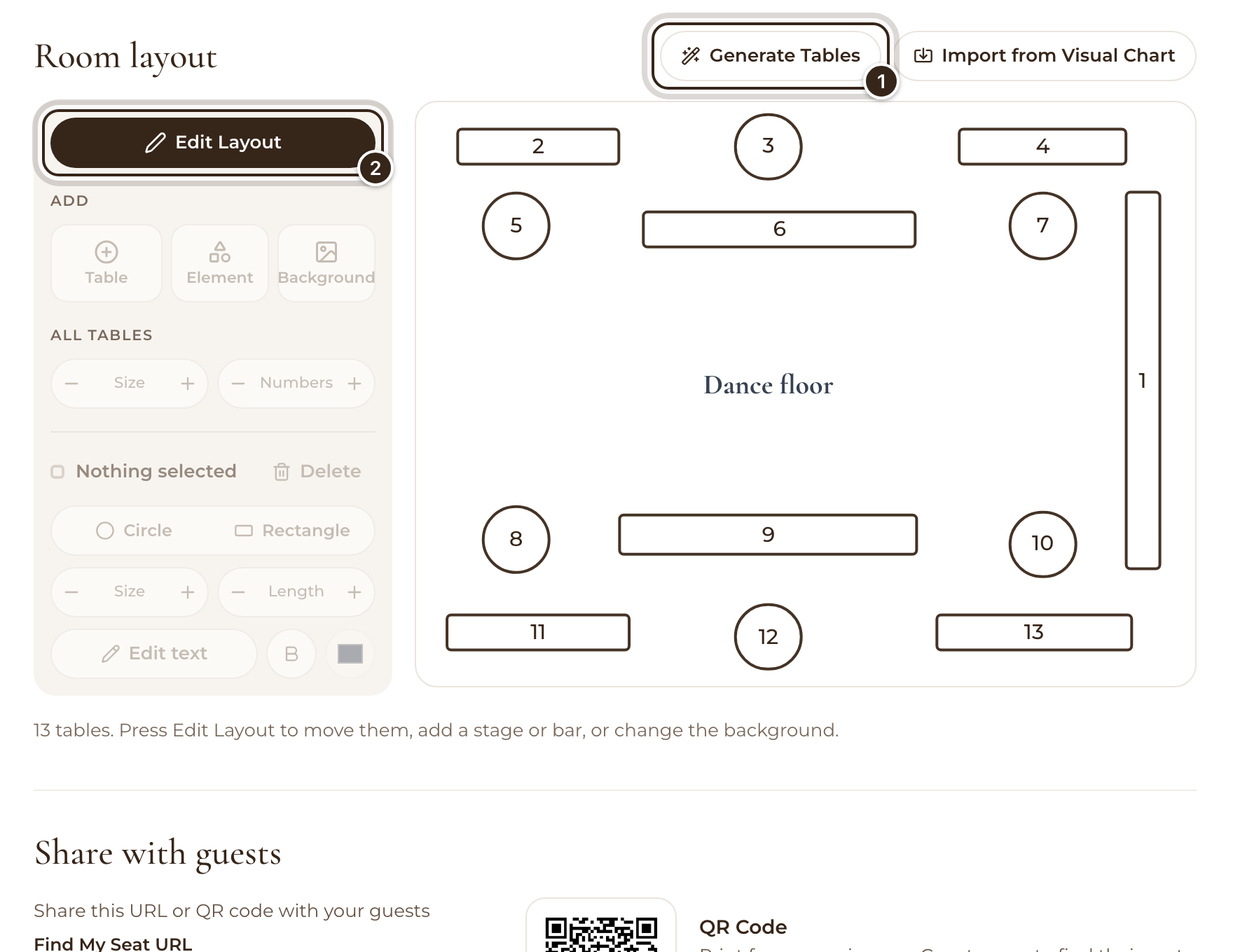 The Room layout with the Generate Tables and Edit Layout buttons marked
