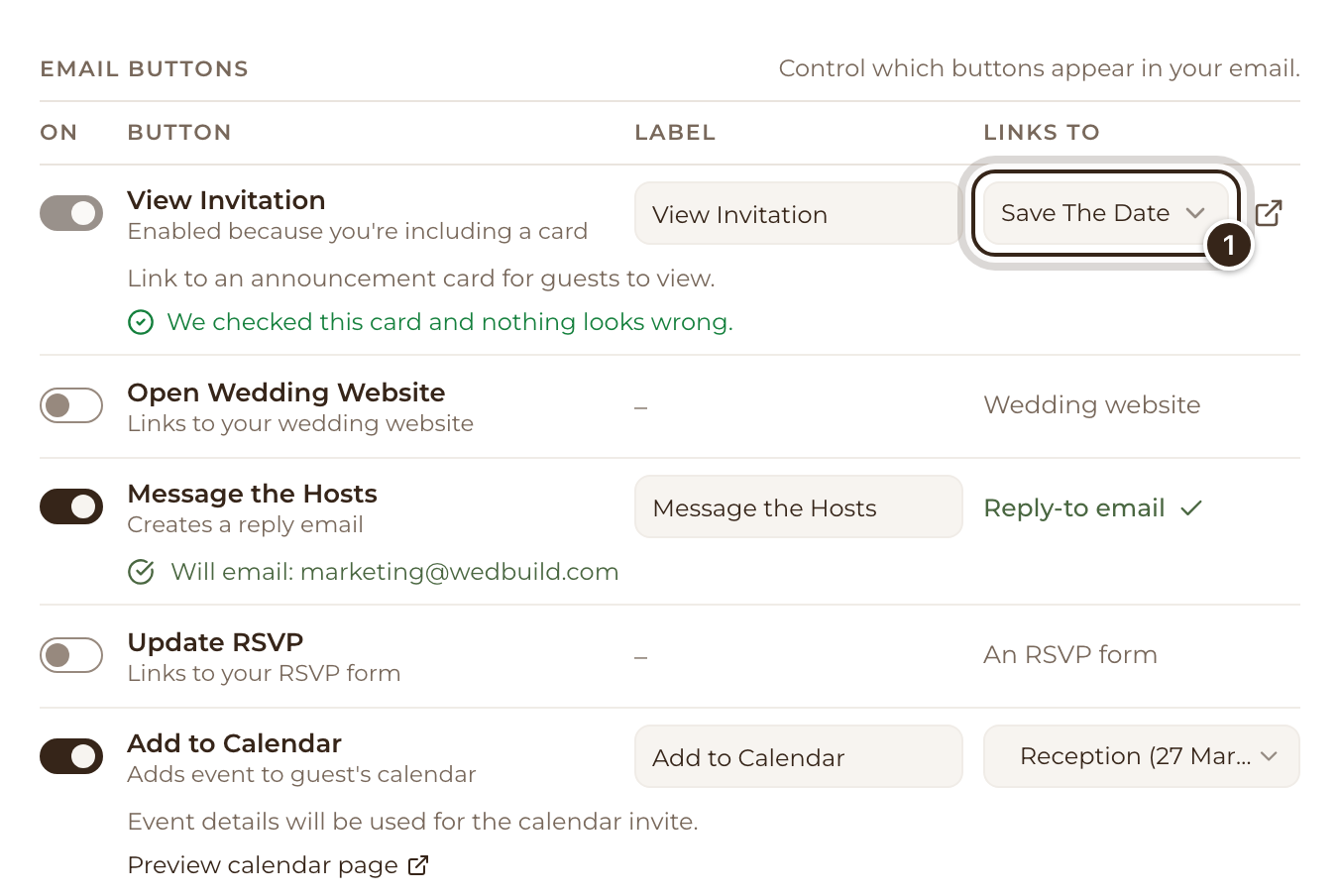 The Email buttons table with the card picker in the View Invitation row marked