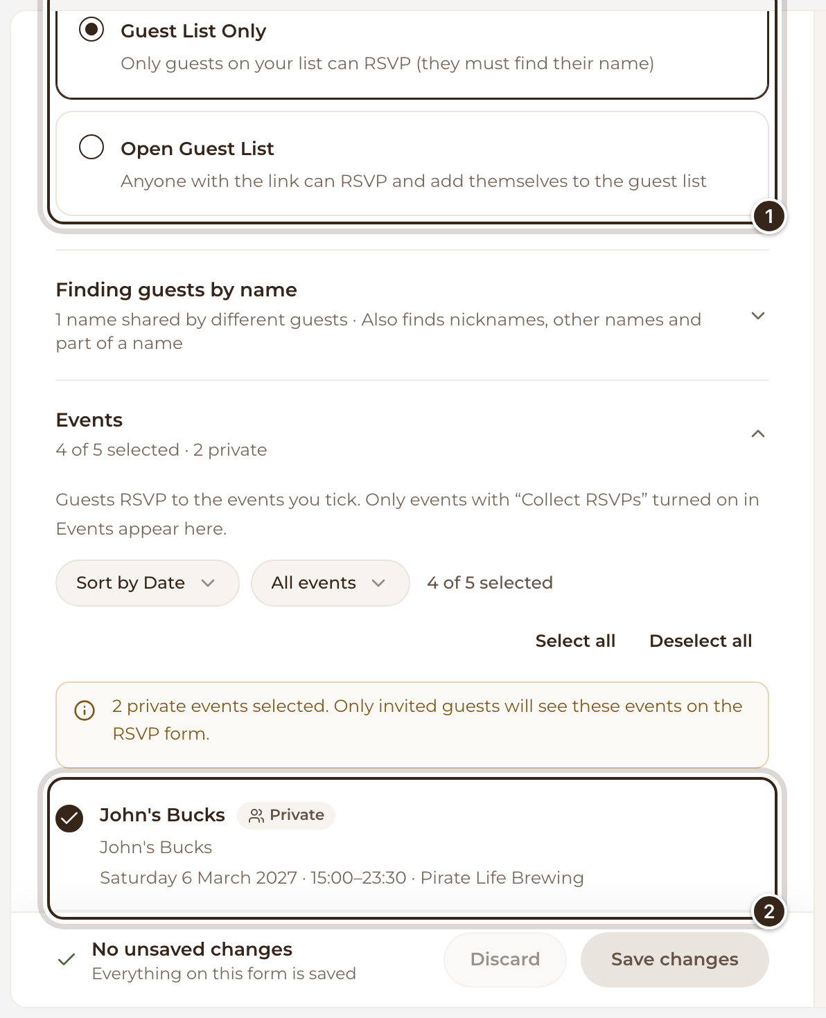 The Who can reply choices, Guest List Only and Open Guest List, marked, and the first event's row marked under Events