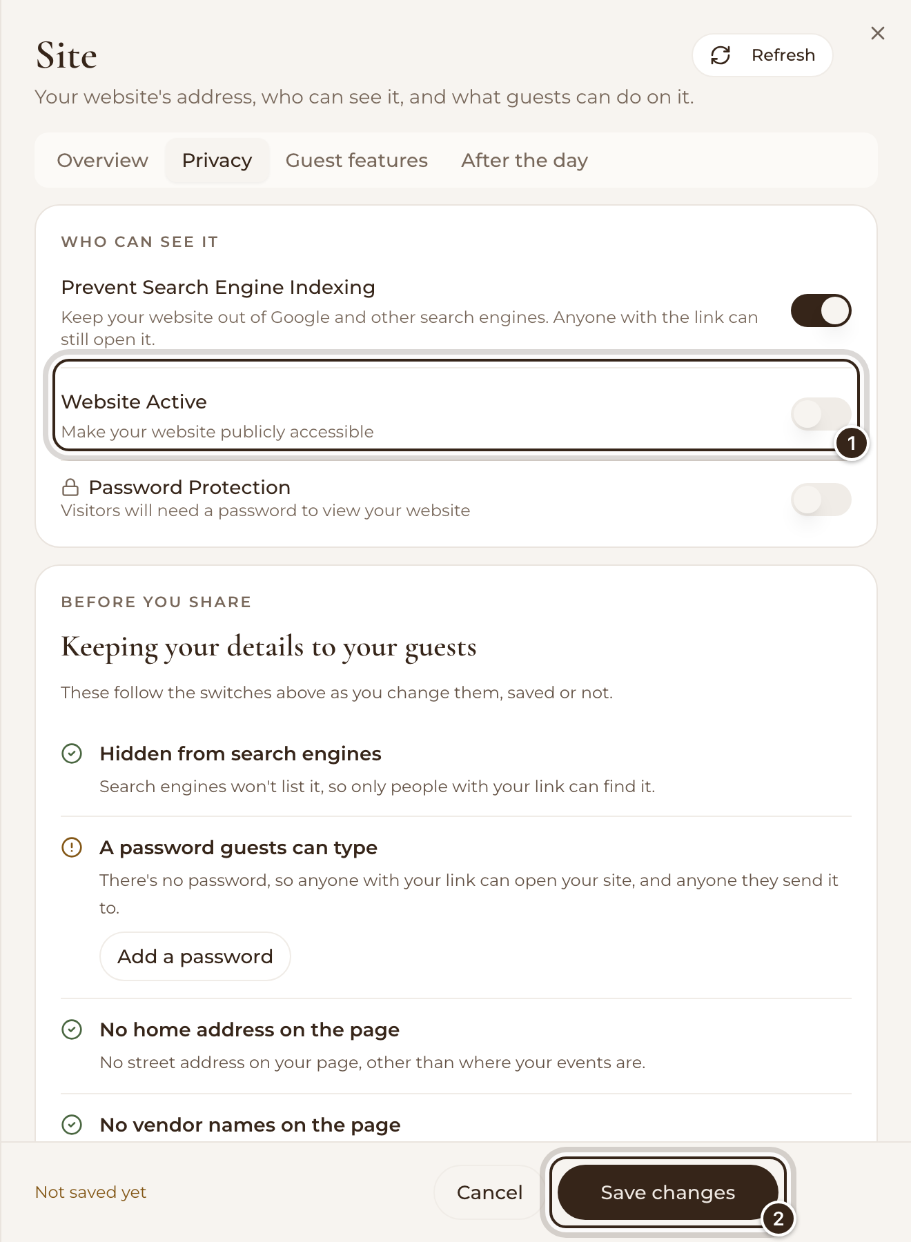 Site's Privacy tab with Website Active switched off and Save changes marked