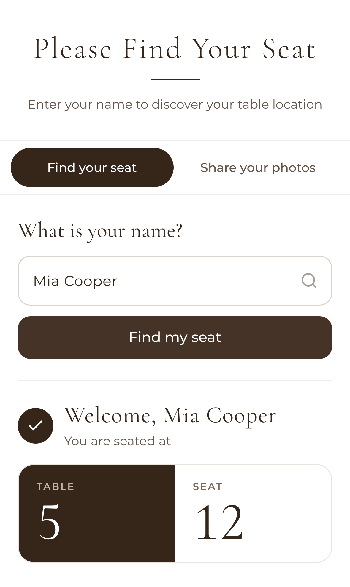 Find My Seat on a phone, showing Welcome, Mia Cooper and her table and seat