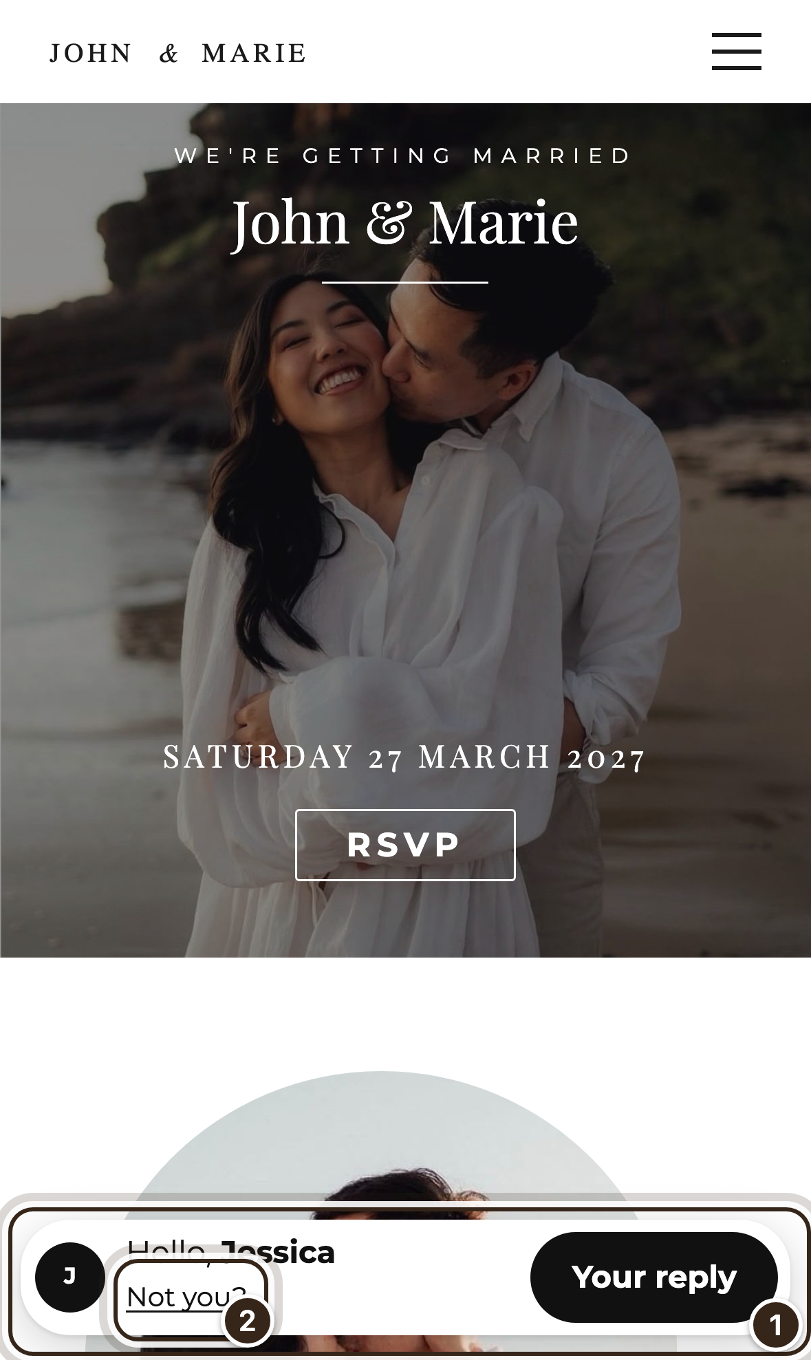 The website on a phone greeting a guest, with the greeting and Not you? marked