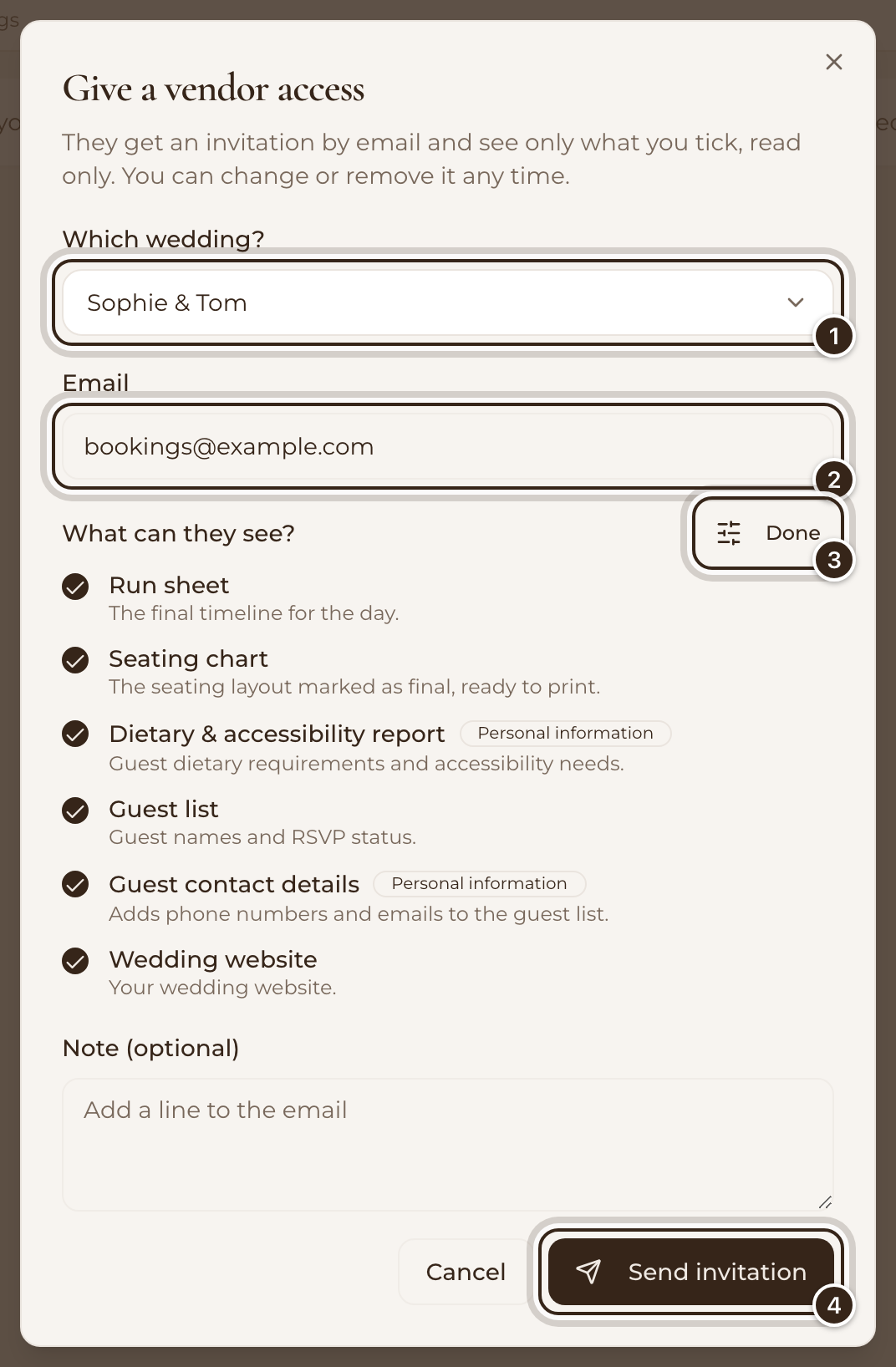 The Give a vendor access window with the wedding, an email, the list of what they can see and Send invitation marked