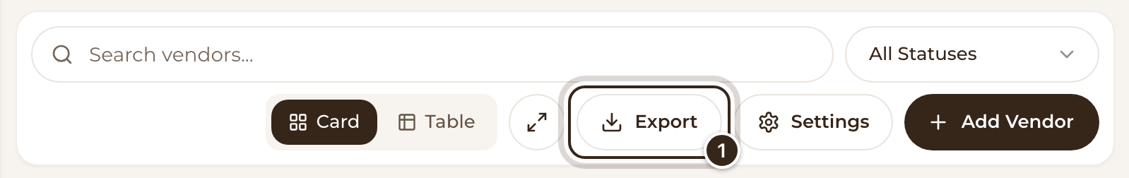 The toolbar above a category's vendors with the Export button marked