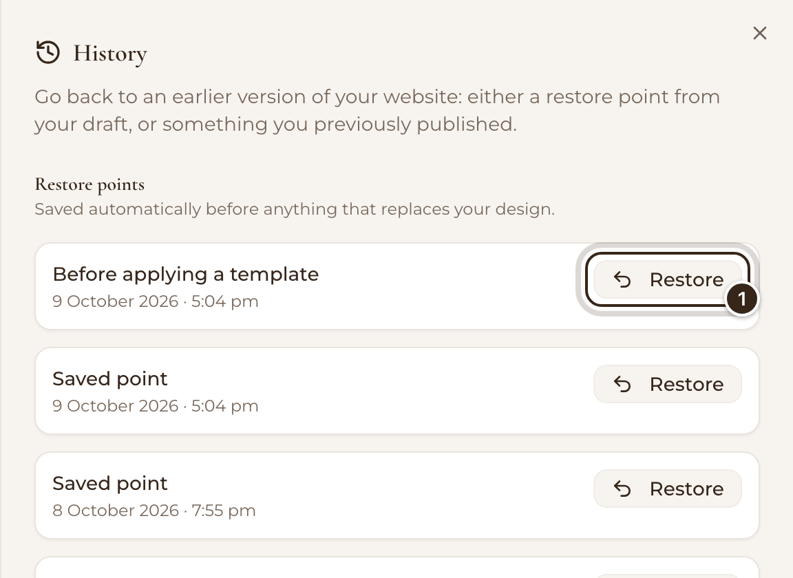 Version History's restore points with the first Restore button marked