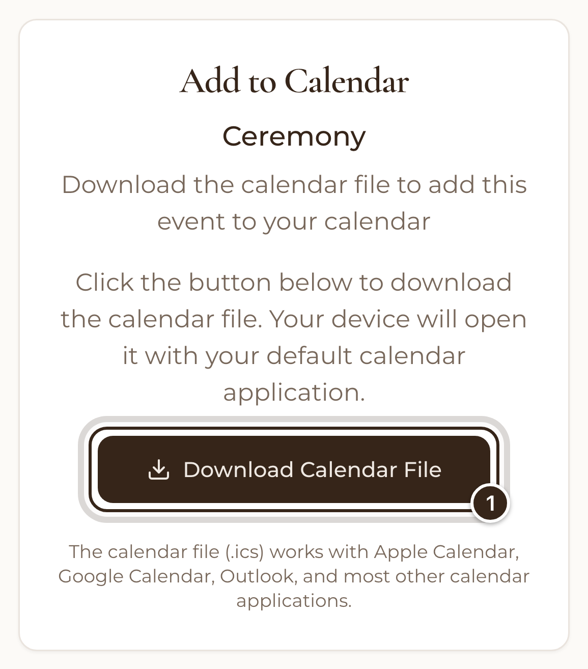 The Add to Calendar page for the Ceremony on a phone, with the Download Calendar File button marked