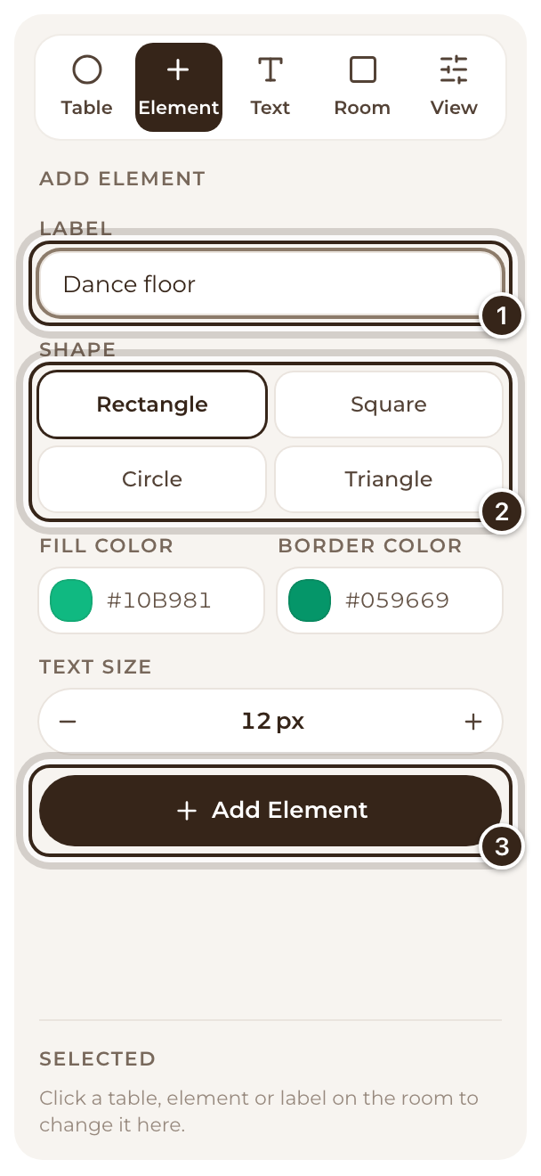 The Element tool with Dance floor typed as the label, the shapes and the Add Element button marked