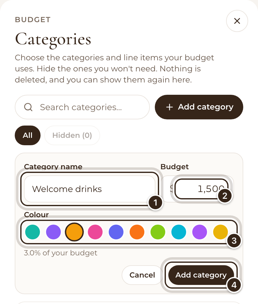 The Add category form with Welcome drinks typed in, a budget of 1,500 and a colour chosen, and the Add category button marked