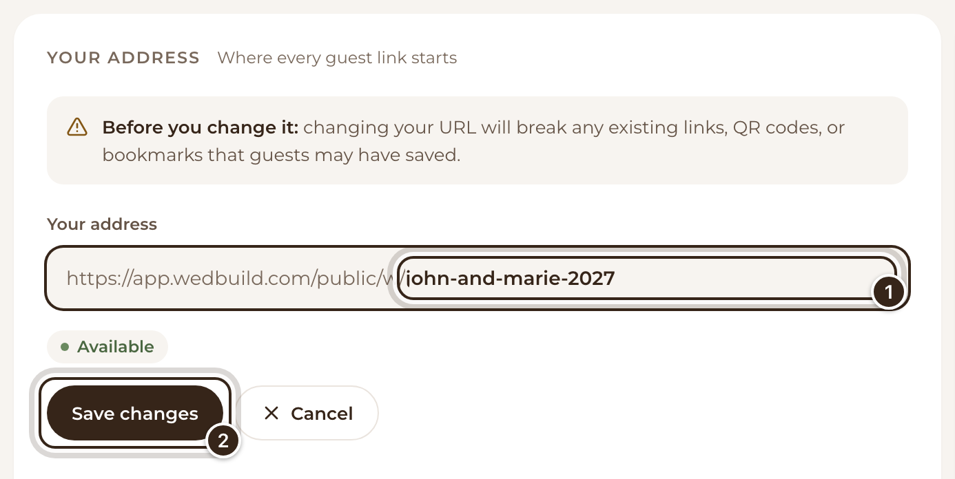 The Your address tile in edit mode, with the new ending typed in, marked Available, and Save changes marked