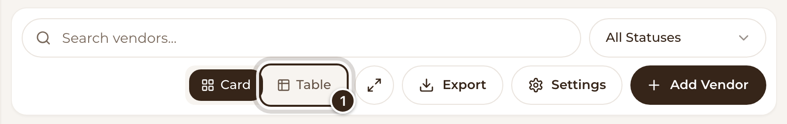 The toolbar above a category's vendors with the Table button marked