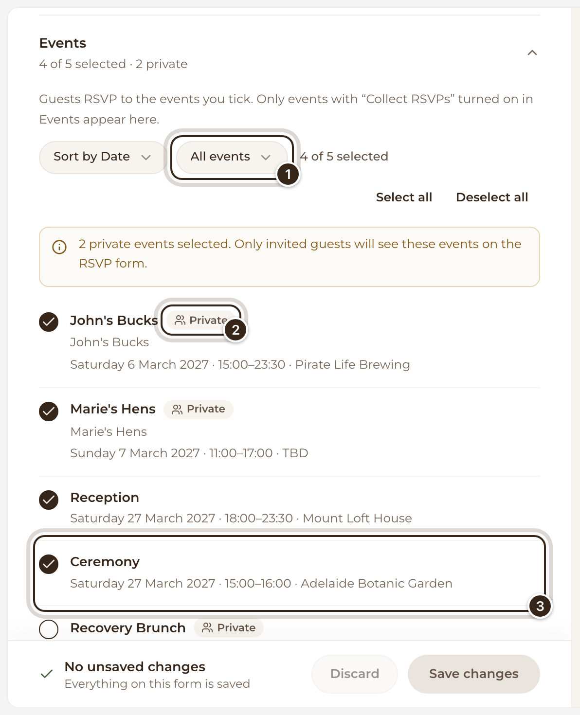 The Events section with the All events menu, a Private badge and the Ceremony row marked