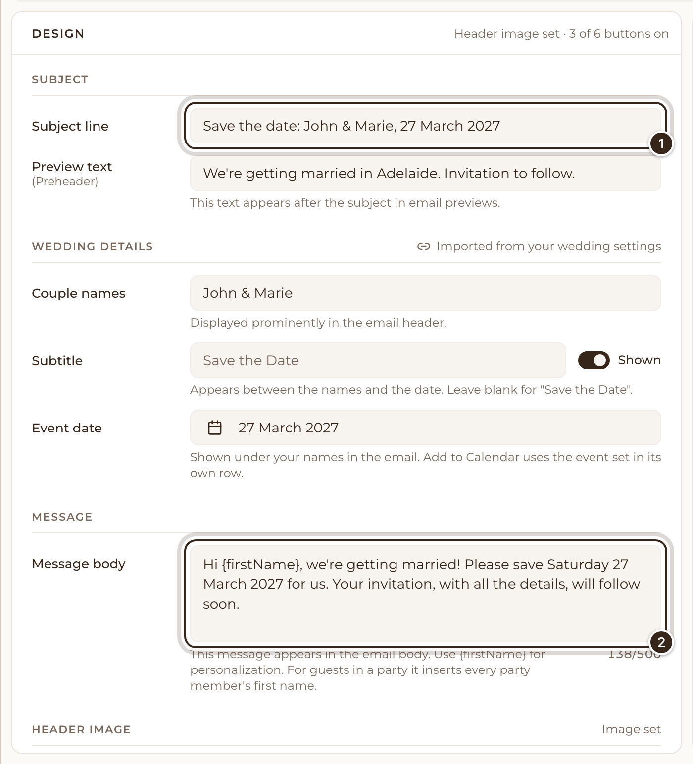 The Design tab with the subject line and message body marked