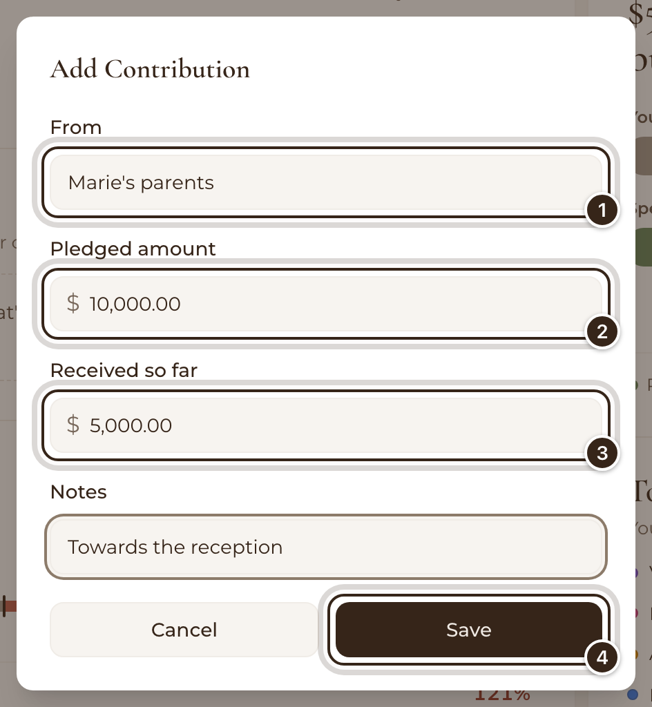 The Add Contribution form with From, Pledged amount and Received so far filled in, and Save marked