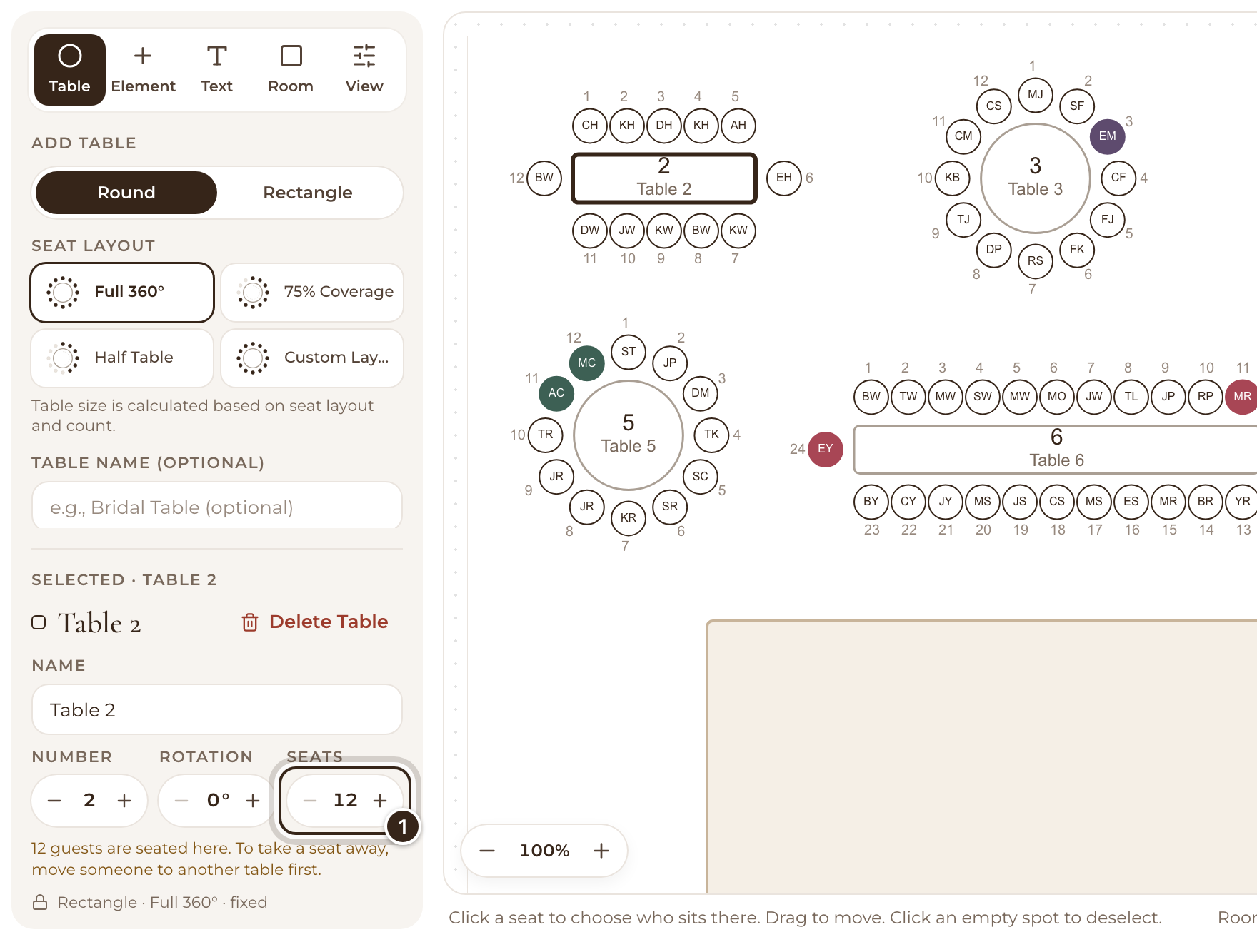A table selected on the Visual Seating Chart, with its Seats control, – and +, marked