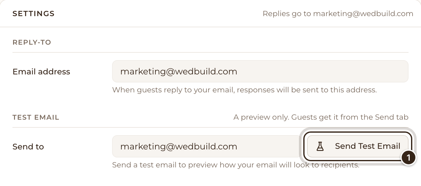 The Settings tab with the Send Test Email button marked