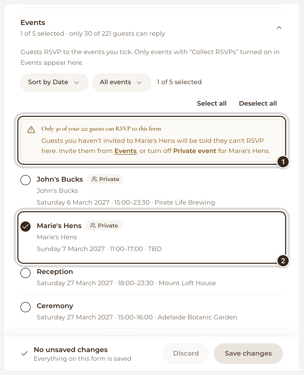 The Events section of a form that only asks about Marie's Hens, with the warning that only 30 of 220 guests can RSVP and the Marie's Hens row marked
