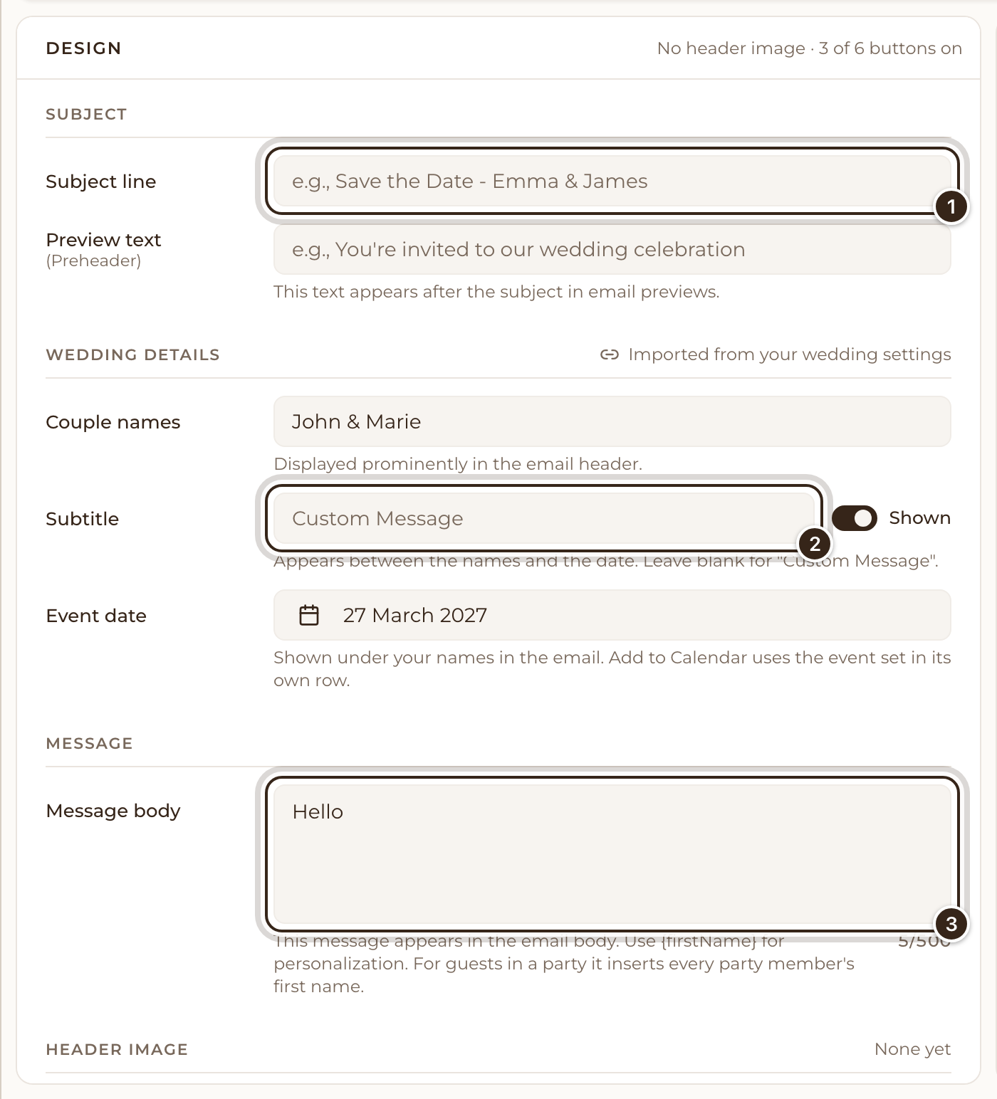 The Design tab with the Subject line, Subtitle and Message body marked