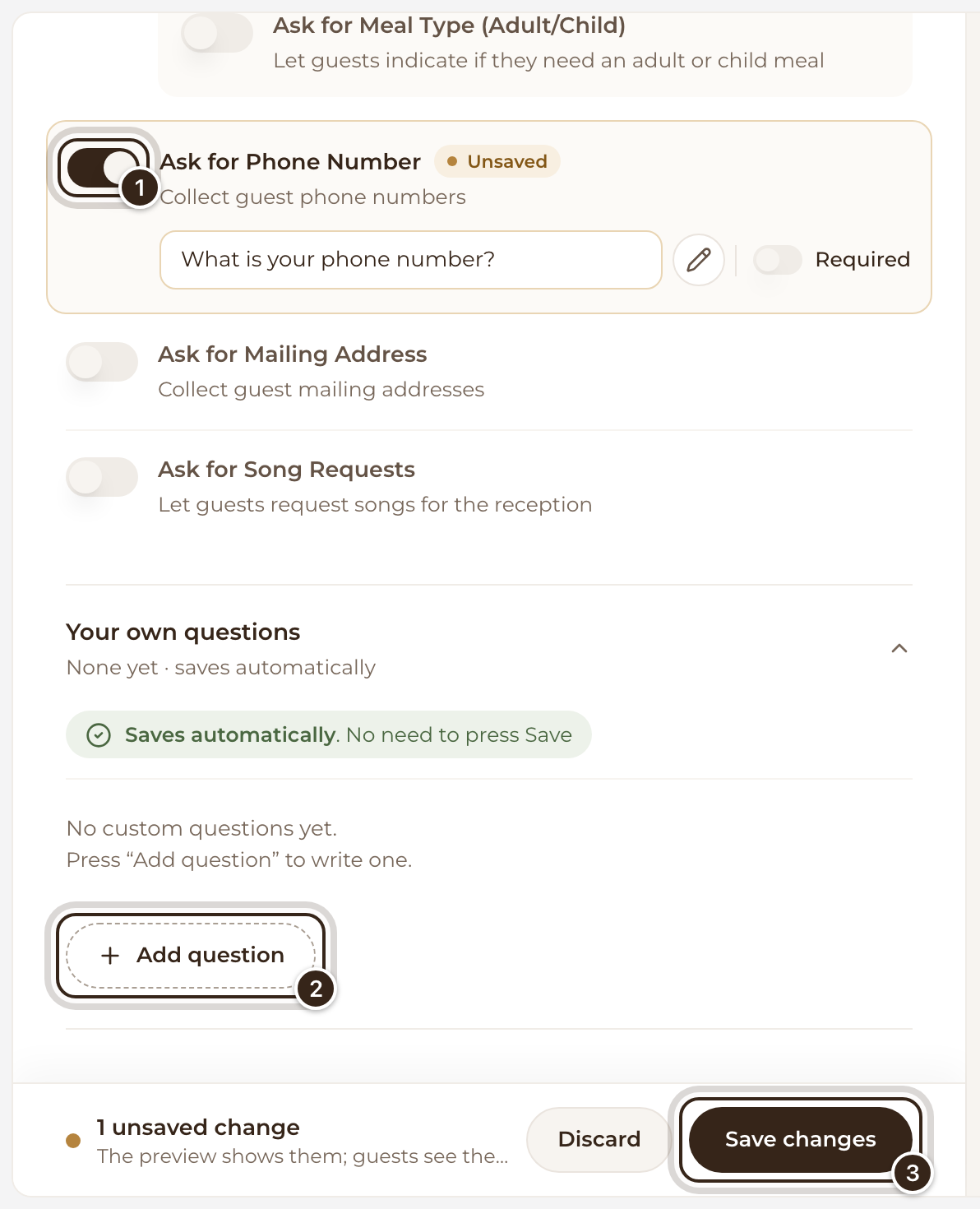 The Questions section with Ask for Phone Number switched on, and the Add question and Save changes buttons marked