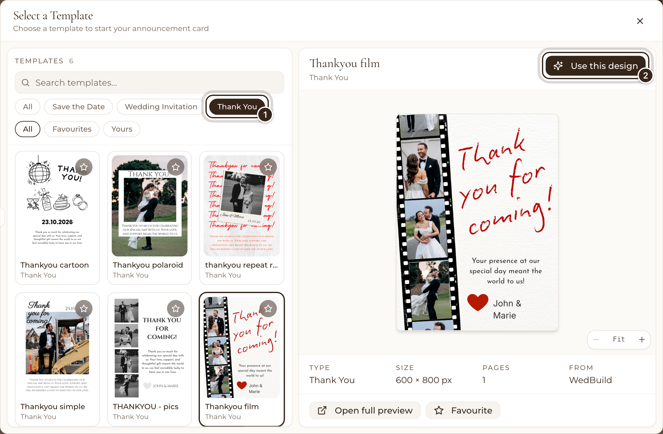 The template picker filtered to Thank You, with a design shown large and Use this design marked