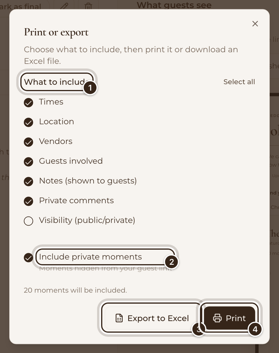 The Print or export window with What to include, Include private moments, Export to Excel and Print marked