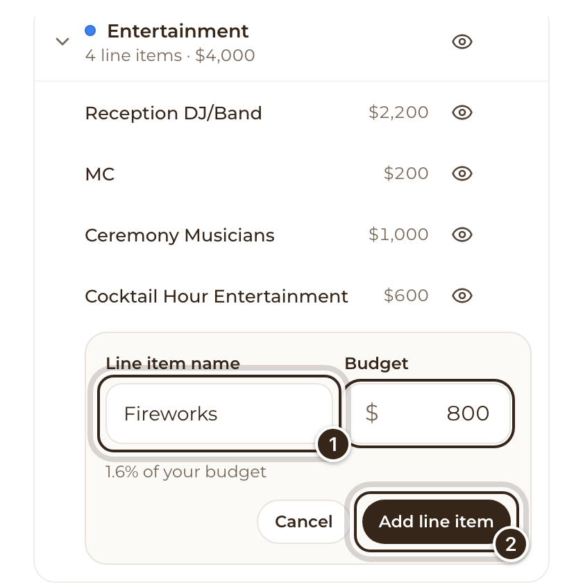 The Entertainment category open in the Categories panel, with a new line item called Fireworks being added