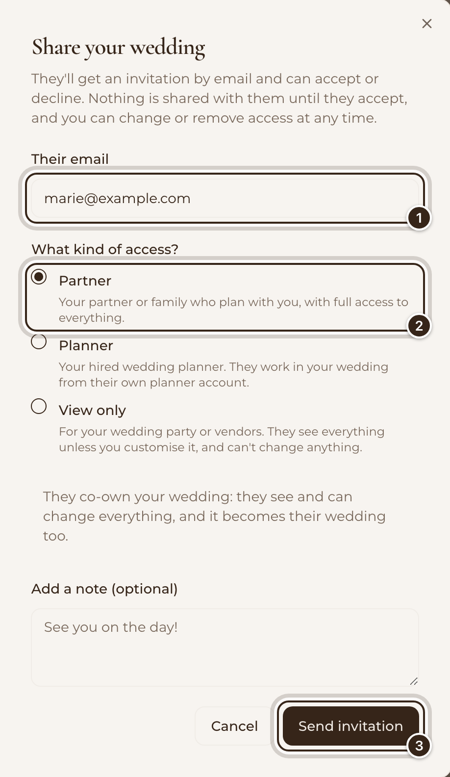 The Share your wedding window with an email typed in, Partner chosen, and Send invitation marked