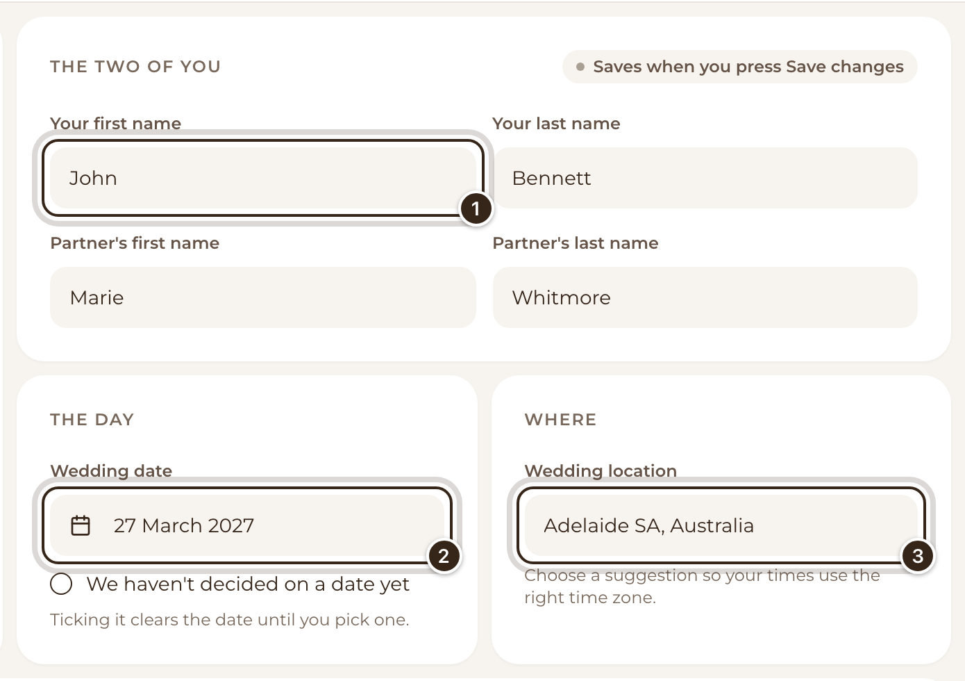 The Wedding tab with the first name field, the wedding date and the wedding location marked