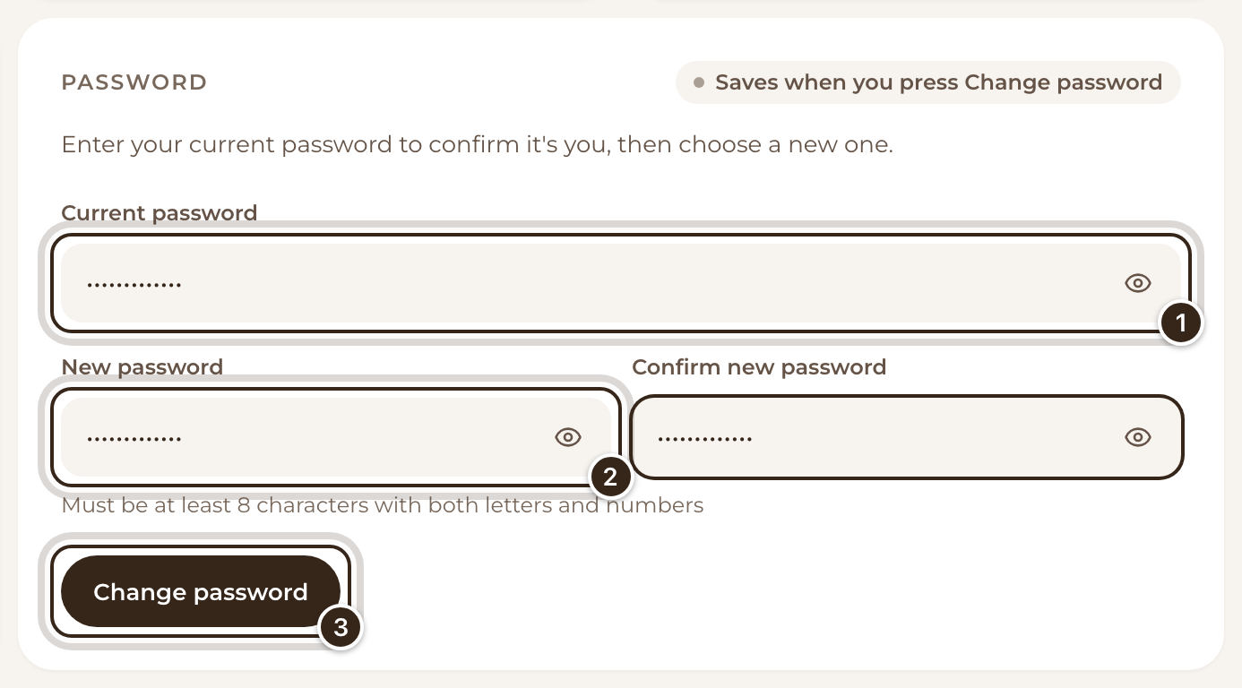 The Password tile with the current and new passwords filled in, and Change password marked